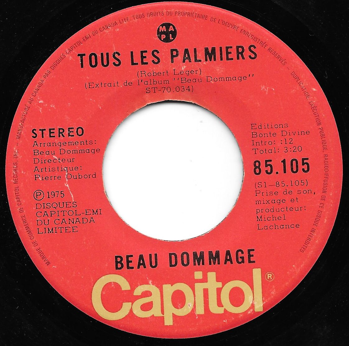 Acheter disque vinyle Beau Dommage Tous Les Palmiers / Le Géant Beaupré a vendre